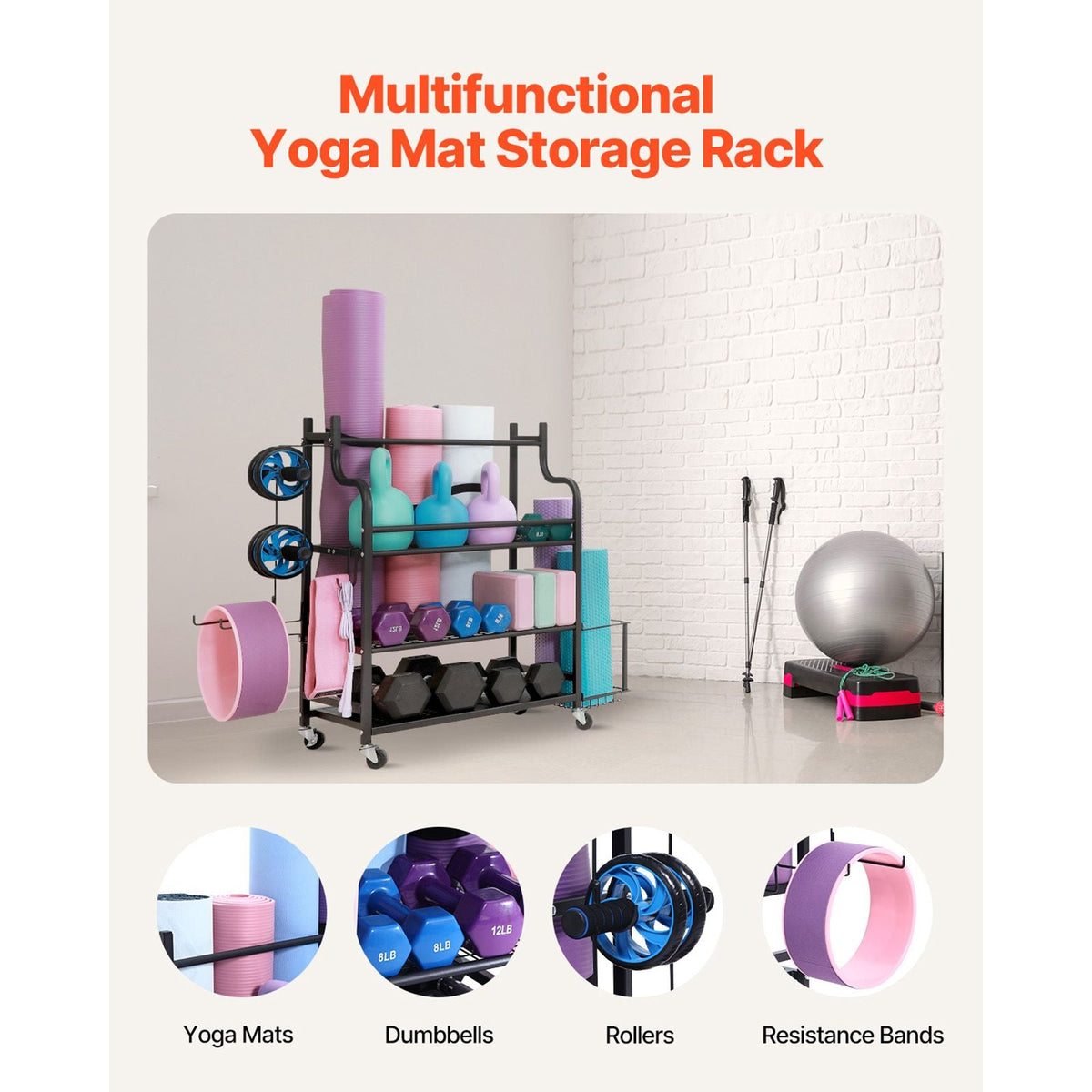 Yoga Mat Storage Rack, Home Gym Workout Equipment Organizer, Powder Coated Finish Steel Yoga Mat Holder with Hooks & Wheels, Weight Rack for Dumbbell, Kettlebell, Foam Roller, and Yoga Strap