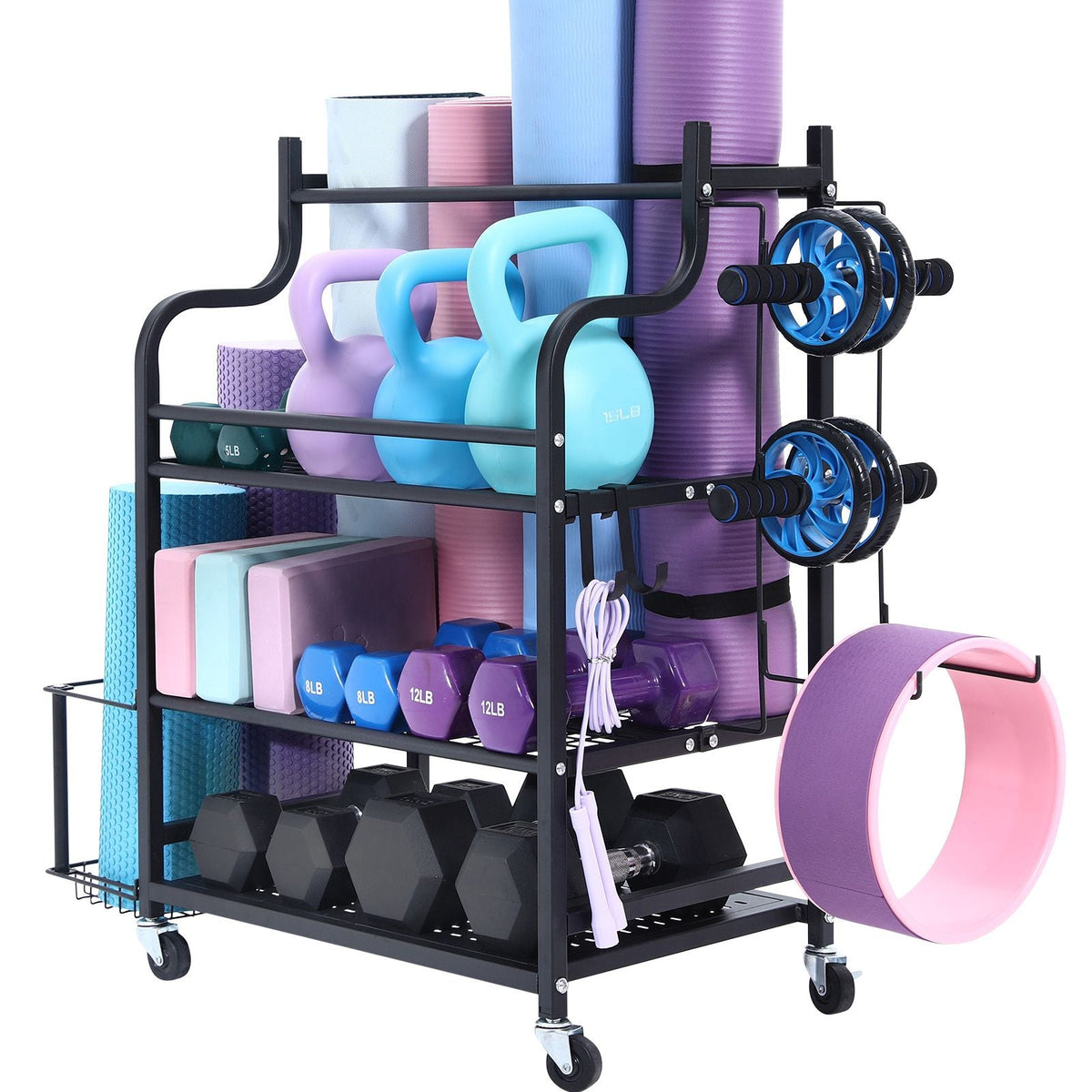 Yoga Mat Storage Rack, Home Gym Workout Equipment Organizer, Powder Coated Finish Steel Yoga Mat Holder with Hooks & Wheels, Weight Rack for Dumbbell, Kettlebell, Foam Roller, and Yoga Strap
