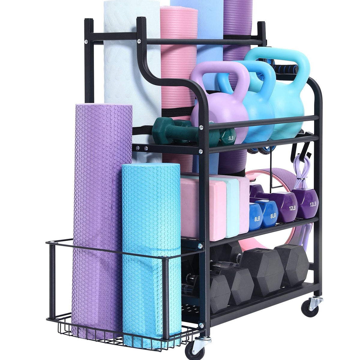 Yoga Mat Storage Rack, Home Gym Workout Equipment Organizer, Powder Coated Finish Steel Yoga Mat Holder with Hooks & Wheels, Weight Rack for Dumbbell, Kettlebell, Foam Roller, and Yoga Strap