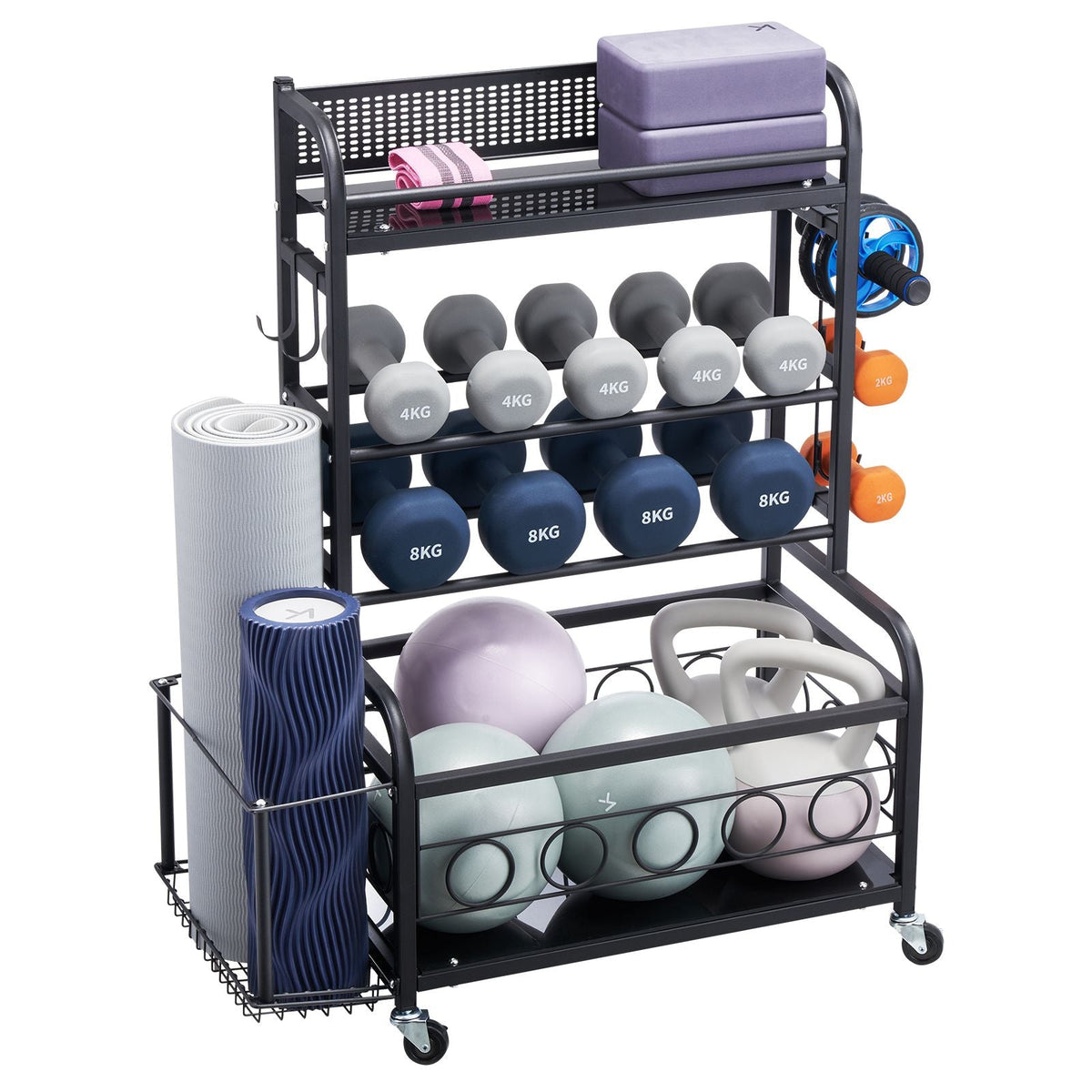 Yoga Mat Storage Rack, Home Gym Workout Equipment Organizer, Powder Coated Finish Steel Yoga Mat Holder with Hooks & Wheels, Weight Rack for Dumbbell, Kettlebell, Foam Roller, and Yoga Strap