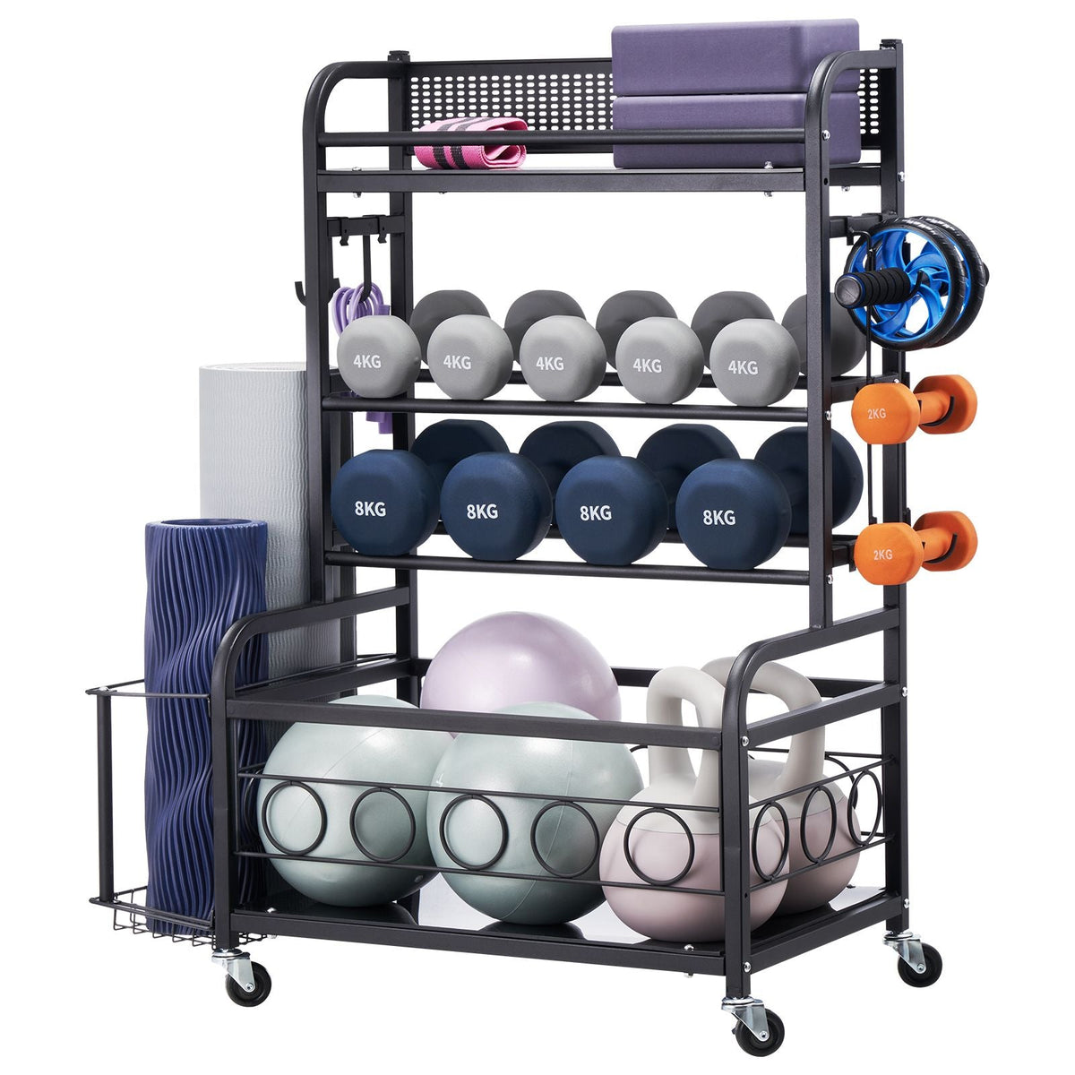 Yoga Mat Storage Rack, Home Gym Workout Equipment Organizer, Powder Coated Finish Steel Yoga Mat Holder with Hooks & Wheels, Weight Rack for Dumbbell, Kettlebell, Foam Roller, and Yoga Strap