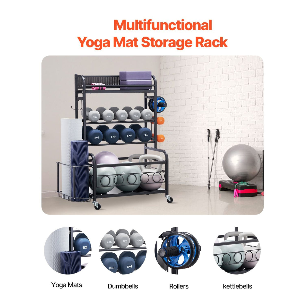 Yoga Mat Storage Rack, Home Gym Workout Equipment Organizer, Powder Coated Finish Steel Yoga Mat Holder with Hooks & Wheels, Weight Rack for Dumbbell, Kettlebell, Foam Roller, and Yoga Strap