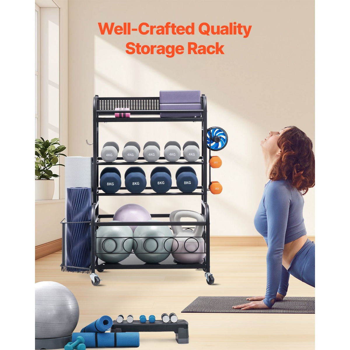 Yoga Mat Storage Rack, Home Gym Workout Equipment Organizer, Powder Coated Finish Steel Yoga Mat Holder with Hooks & Wheels, Weight Rack for Dumbbell, Kettlebell, Foam Roller, and Yoga Strap