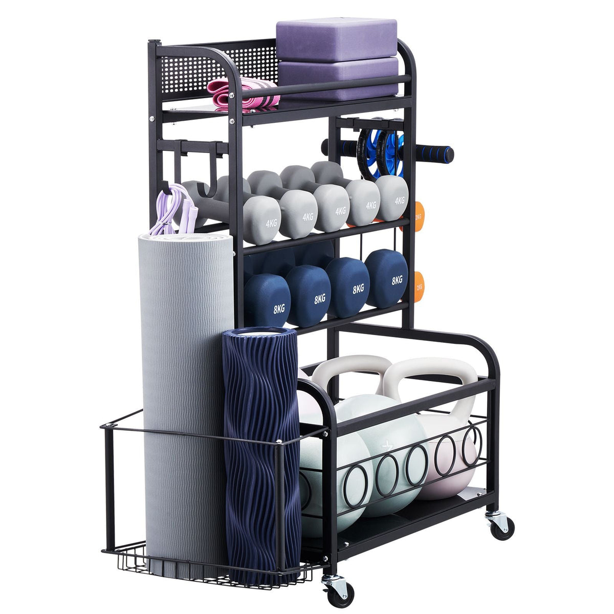 Yoga Mat Storage Rack, Home Gym Workout Equipment Organizer, Powder Coated Finish Steel Yoga Mat Holder with Hooks & Wheels, Weight Rack for Dumbbell, Kettlebell, Foam Roller, and Yoga Strap
