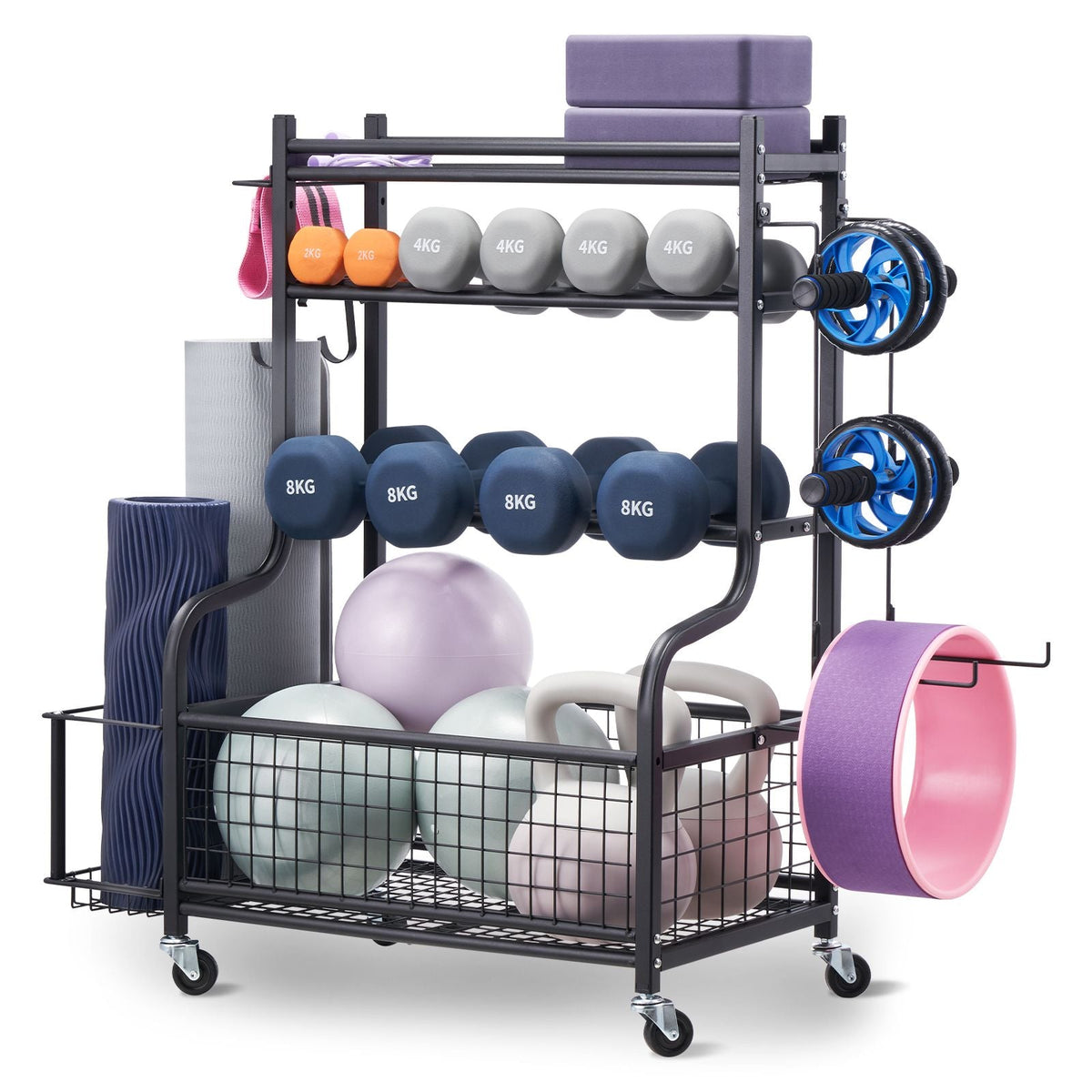 Yoga Mat Storage Rack, Powder Coated Finish Steel Yoga Mat Holder, Home Gym Workout Equipment Organizer with Hooks & Wheels, Weight Rack for Foam Roller, Dumbbell, Kettlebell, and Yoga Strap