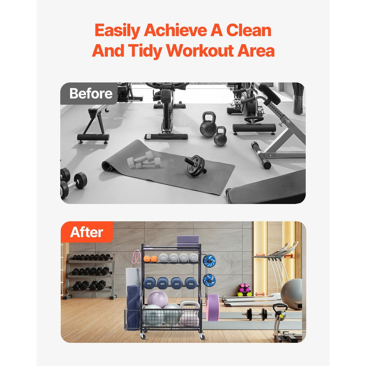 Yoga Mat Storage Rack, Powder Coated Finish Steel Yoga Mat Holder, Home Gym Workout Equipment Organizer with Hooks & Wheels, Weight Rack for Foam Roller, Dumbbell, Kettlebell, and Yoga Strap
