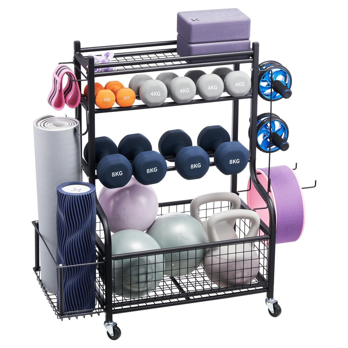 Yoga Mat Storage Rack, Powder Coated Finish Steel Yoga Mat Holder, Home Gym Workout Equipment Organizer with Hooks & Wheels, Weight Rack for Foam Roller, Dumbbell, Kettlebell, and Yoga Strap