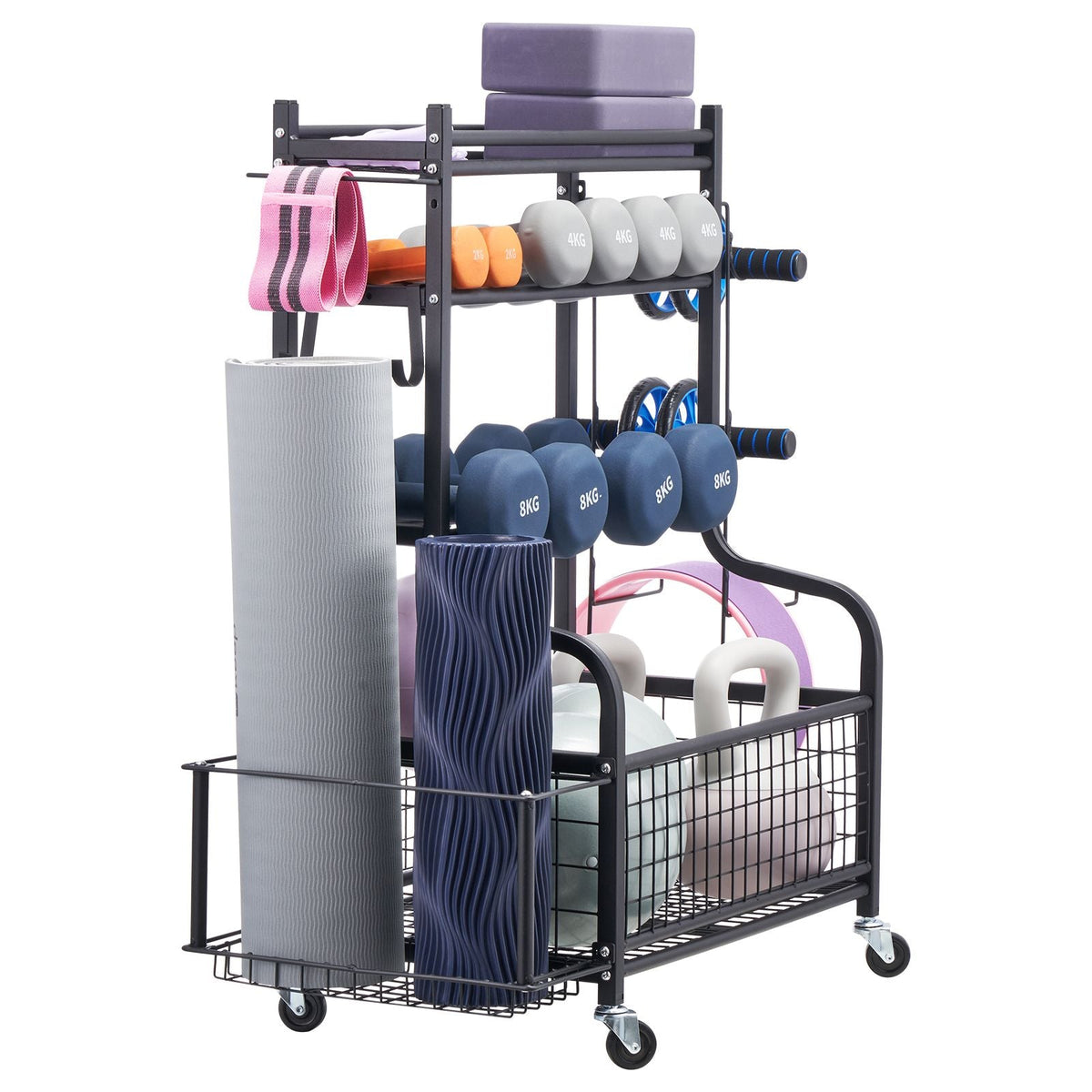 Yoga Mat Storage Rack, Powder Coated Finish Steel Yoga Mat Holder, Home Gym Workout Equipment Organizer with Hooks & Wheels, Weight Rack for Foam Roller, Dumbbell, Kettlebell, and Yoga Strap
