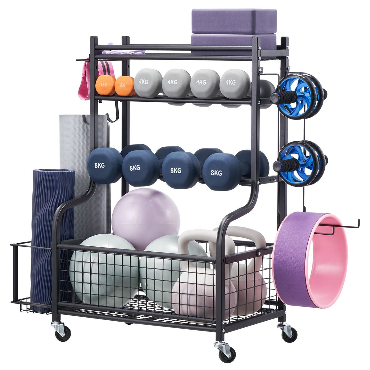Yoga Mat Storage Rack, Powder Coated Finish Steel Yoga Mat Holder, Home Gym Workout Equipment Organizer with Hooks & Wheels, Weight Rack for Foam Roller, Dumbbell, Kettlebell, and Yoga Strap