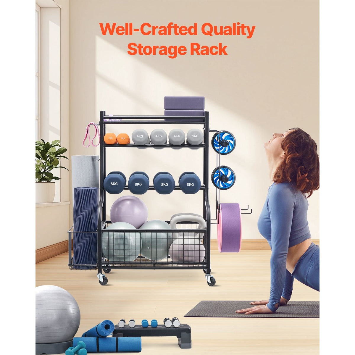 Yoga Mat Storage Rack, Powder Coated Finish Steel Yoga Mat Holder, Home Gym Workout Equipment Organizer with Hooks & Wheels, Weight Rack for Foam Roller, Dumbbell, Kettlebell, and Yoga Strap