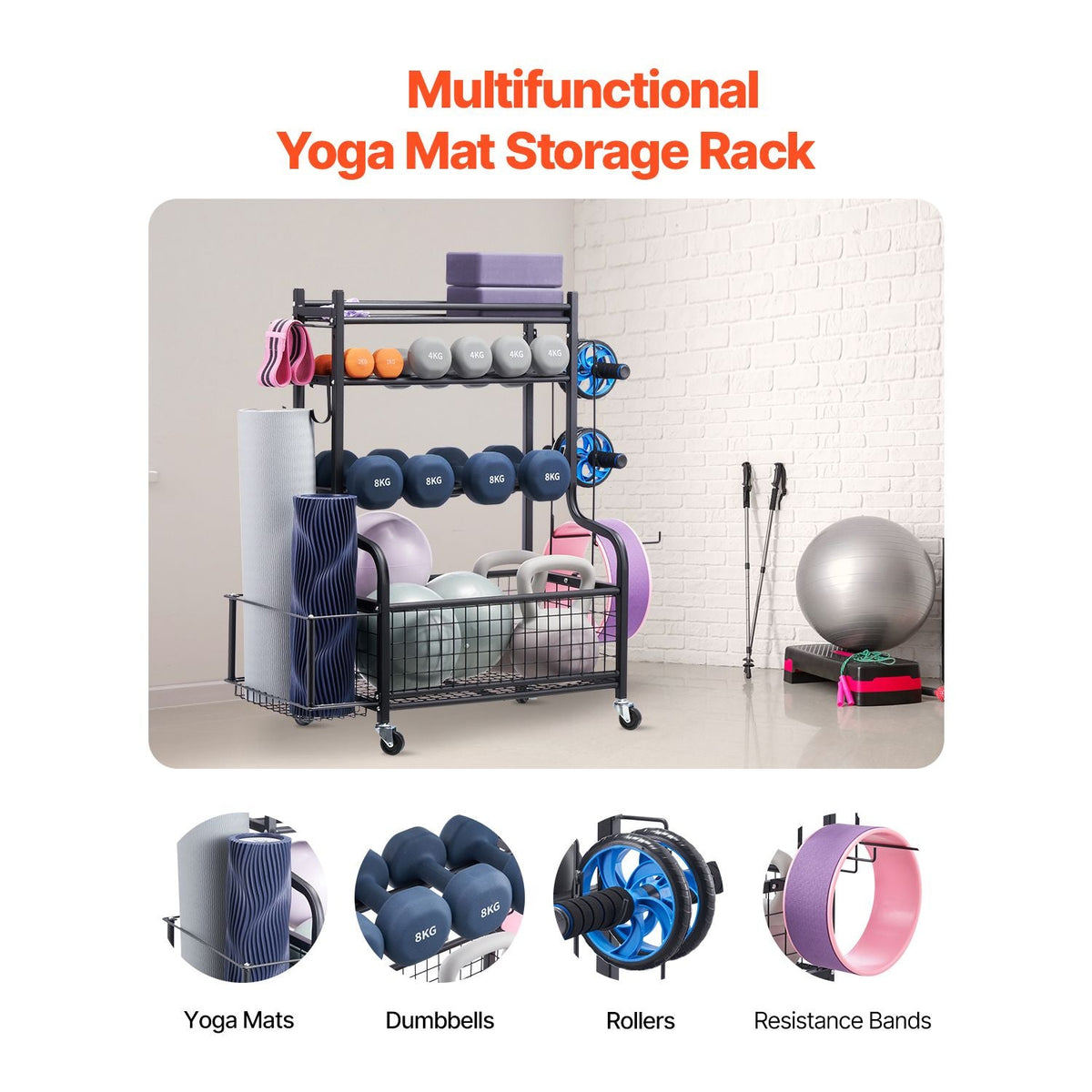 Yoga Mat Storage Rack, Powder Coated Finish Steel Yoga Mat Holder, Home Gym Workout Equipment Organizer with Hooks & Wheels, Weight Rack for Foam Roller, Dumbbell, Kettlebell, and Yoga Strap