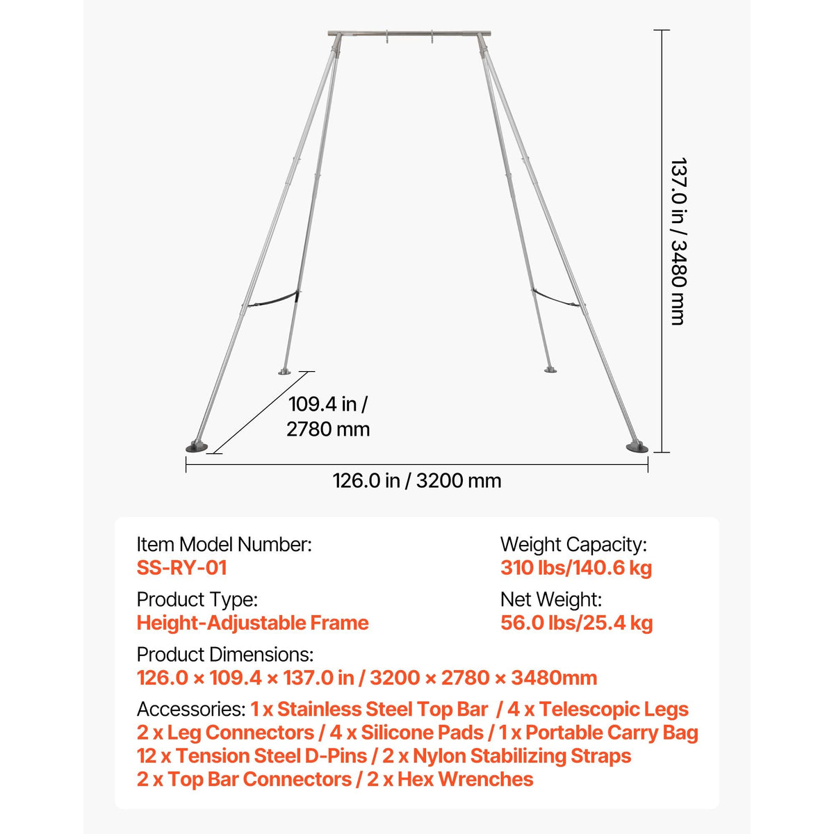 Yoga Stand Frame, Max 310 lbs Load Swing Stand, Triangular Structure Pull Up Stands, Aerial Silk Stands with Height Adjustable & Aluminum Frame Legs, Stainless Steel Top Bar