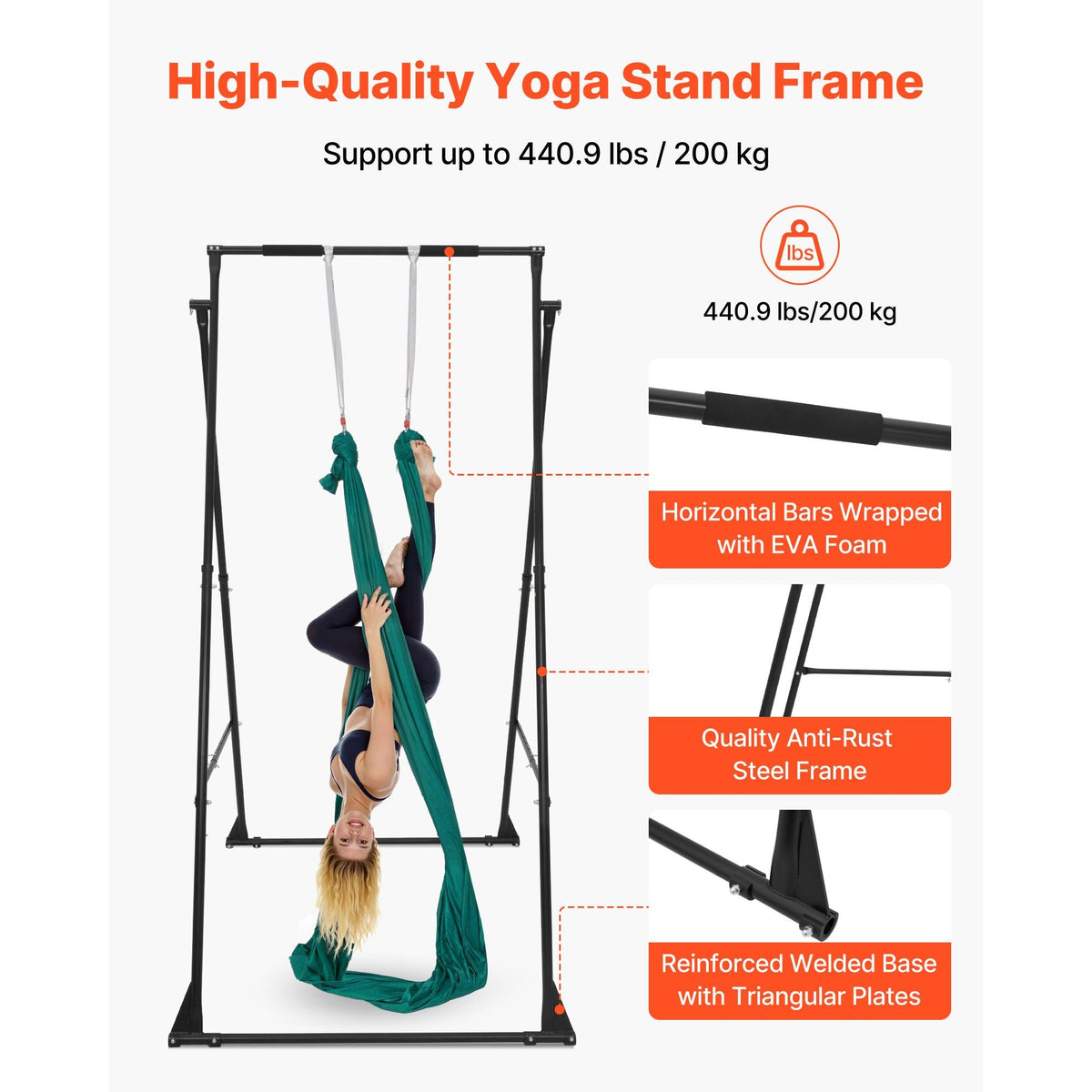 Yoga Stand Frame, Max 440.9 lbs Load Swing Stand, Triangular Structure Pull Up Stands, Aerial Silk Stands with EVA Foam & 6.6-yard Yoga Hammock, 4-Level Horizontal & 6-Level Vertical Adjustment
