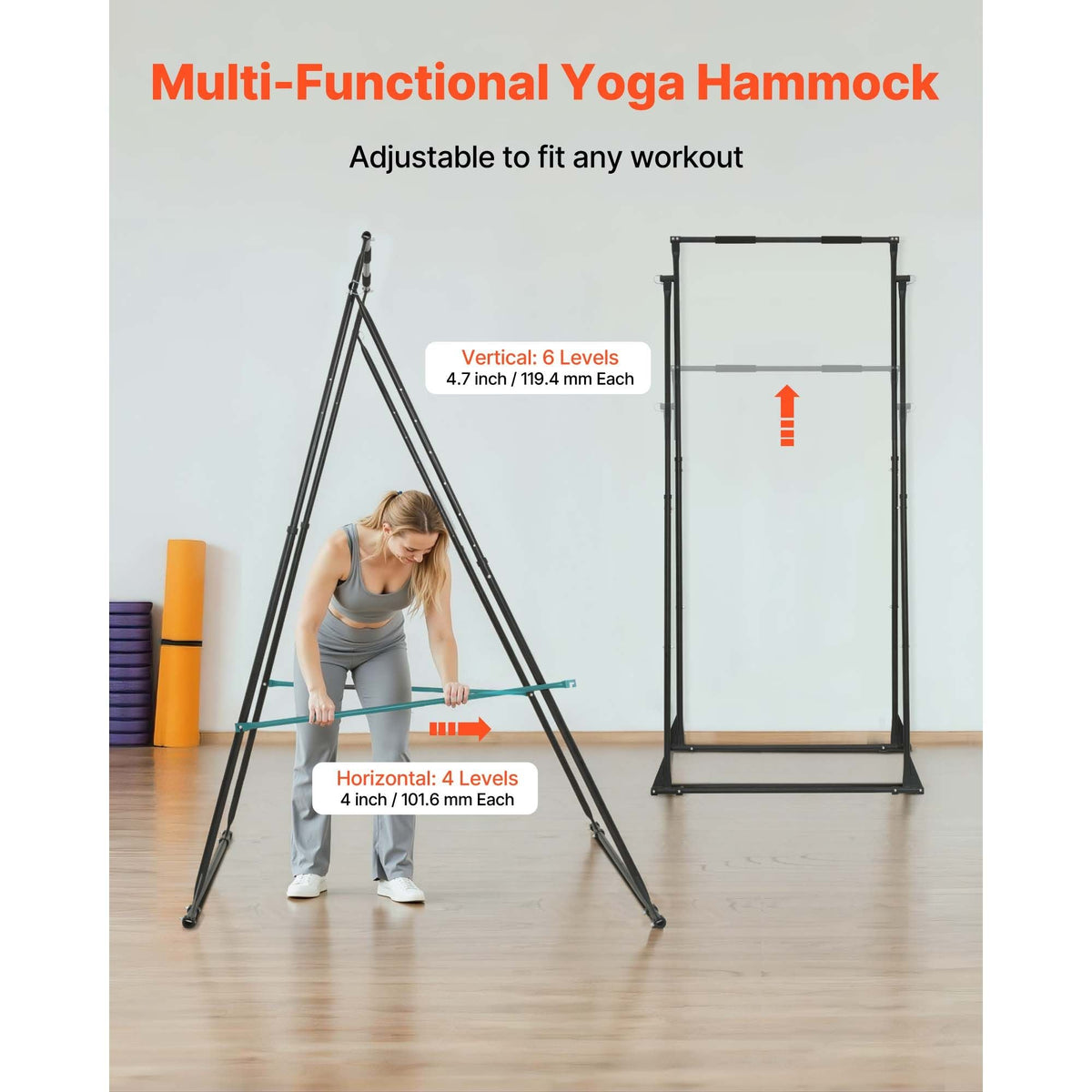 Yoga Stand Frame, Max 440.9 lbs Load Swing Stand, Triangular Structure Pull Up Stands, Aerial Silk Stands with EVA Foam & 6.6-yard Yoga Hammock, 4-Level Horizontal & 6-Level Vertical Adjustment