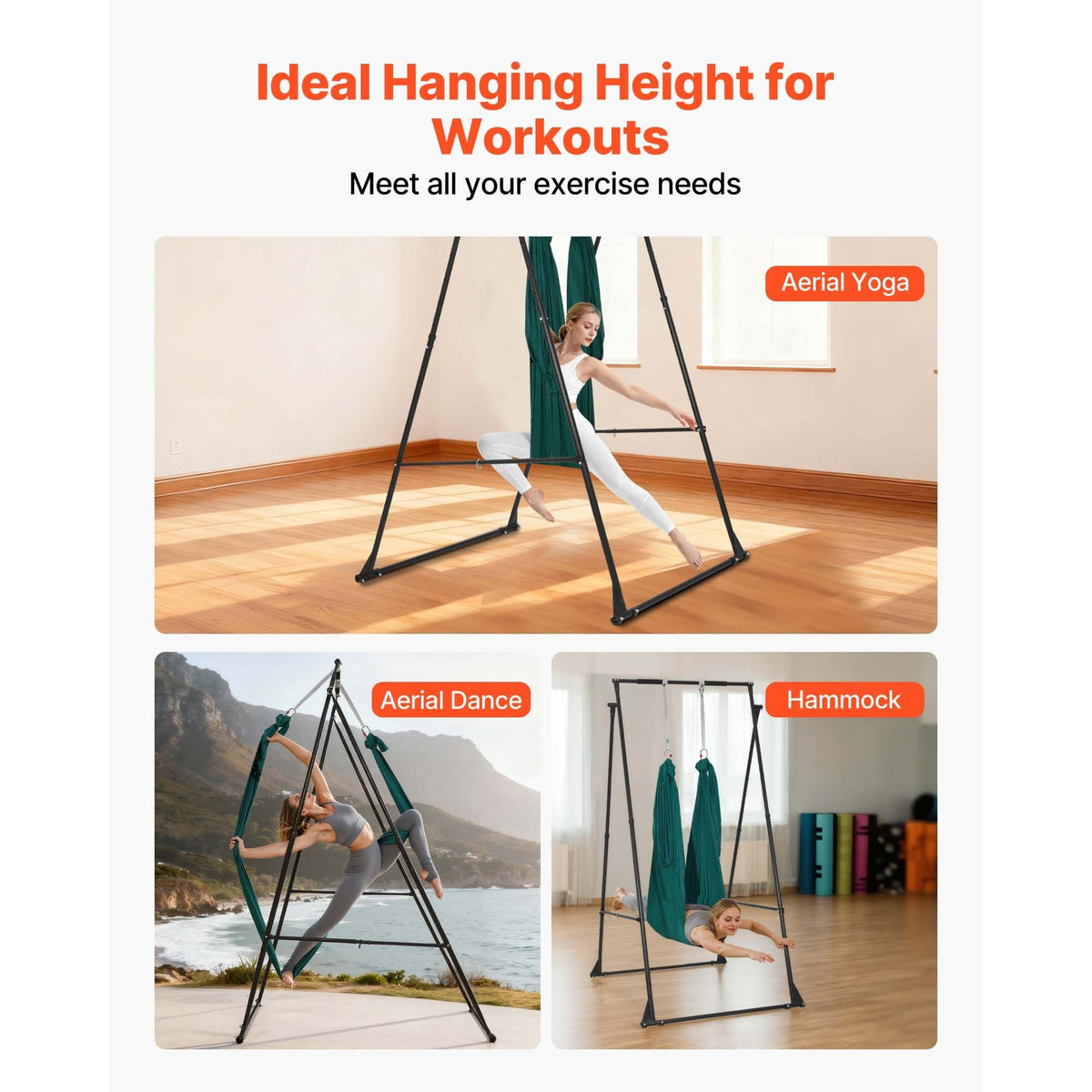 Yoga Stand Frame, Max 440.9 lbs Load Swing Stand, Triangular Structure Pull Up Stands, Aerial Silk Stands with EVA Foam & 6.6-yard Yoga Hammock, 4-Level Horizontal & 6-Level Vertical Adjustment