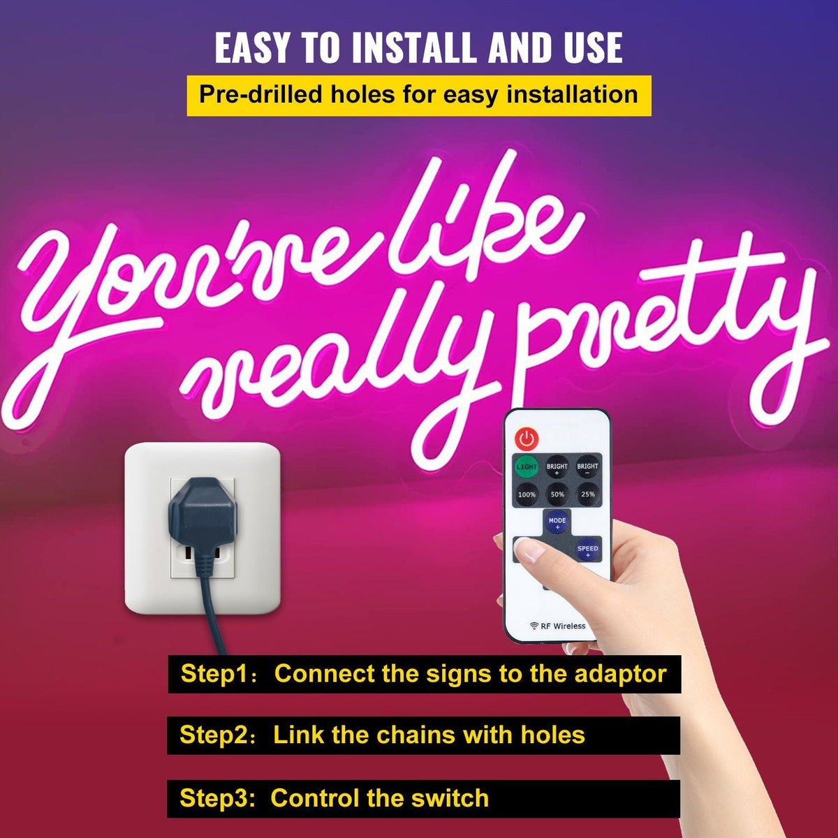 You're Like Really Pretty Neon Sign, 23" x 21" Pink LED Neon Signs for Wall Decor, Large Lights Sign with Remote Control and Power Adapter, Used for Party, Wedding, Living Room, Office