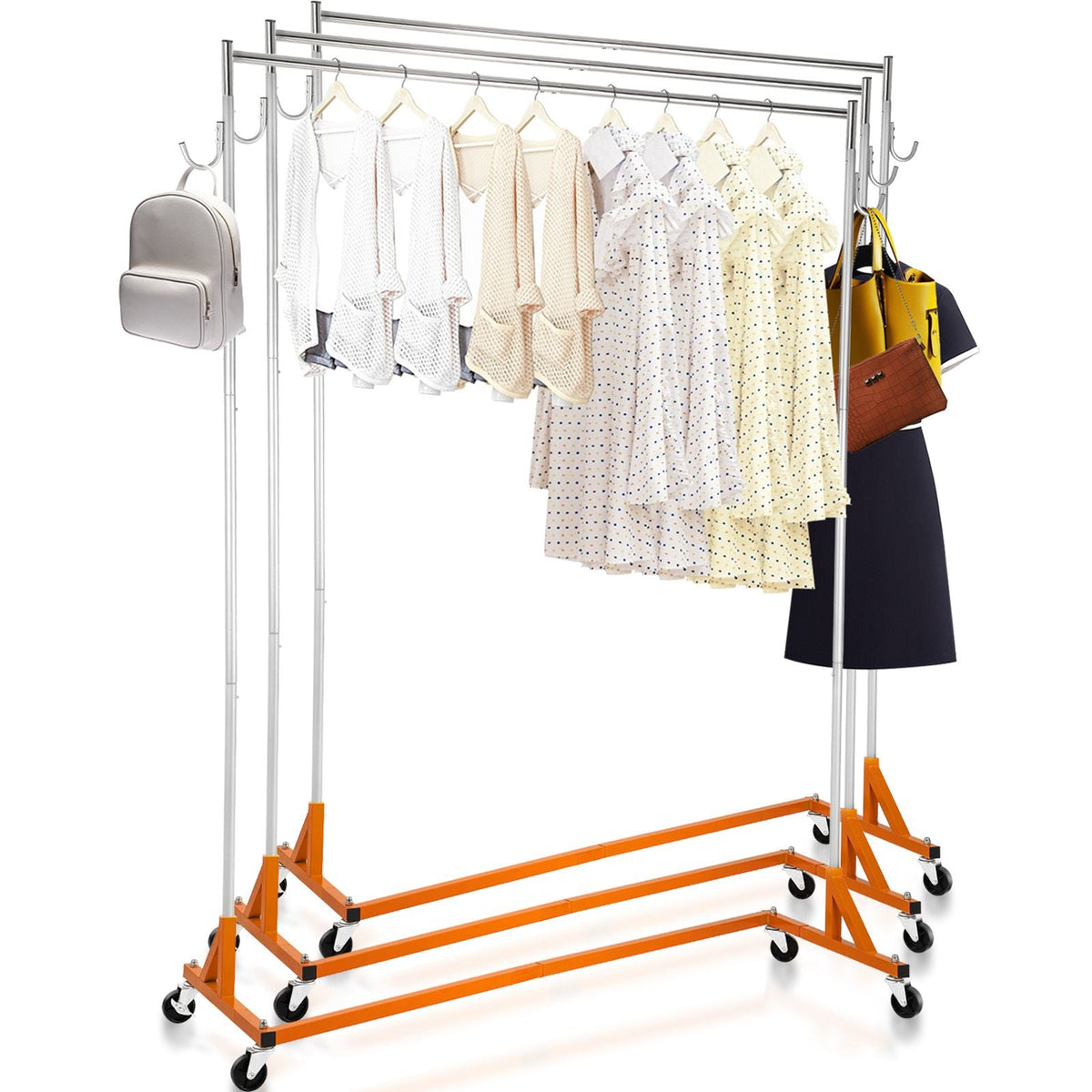Z Rack, Industrial Grade Z Base Garment Rack, Height Adjustable Rolling Z Garment Rack, Sturdy Steel Z Base Clothing Rack with Lockable Casters, for Home Clothing Store Display Orange (3 Sets)