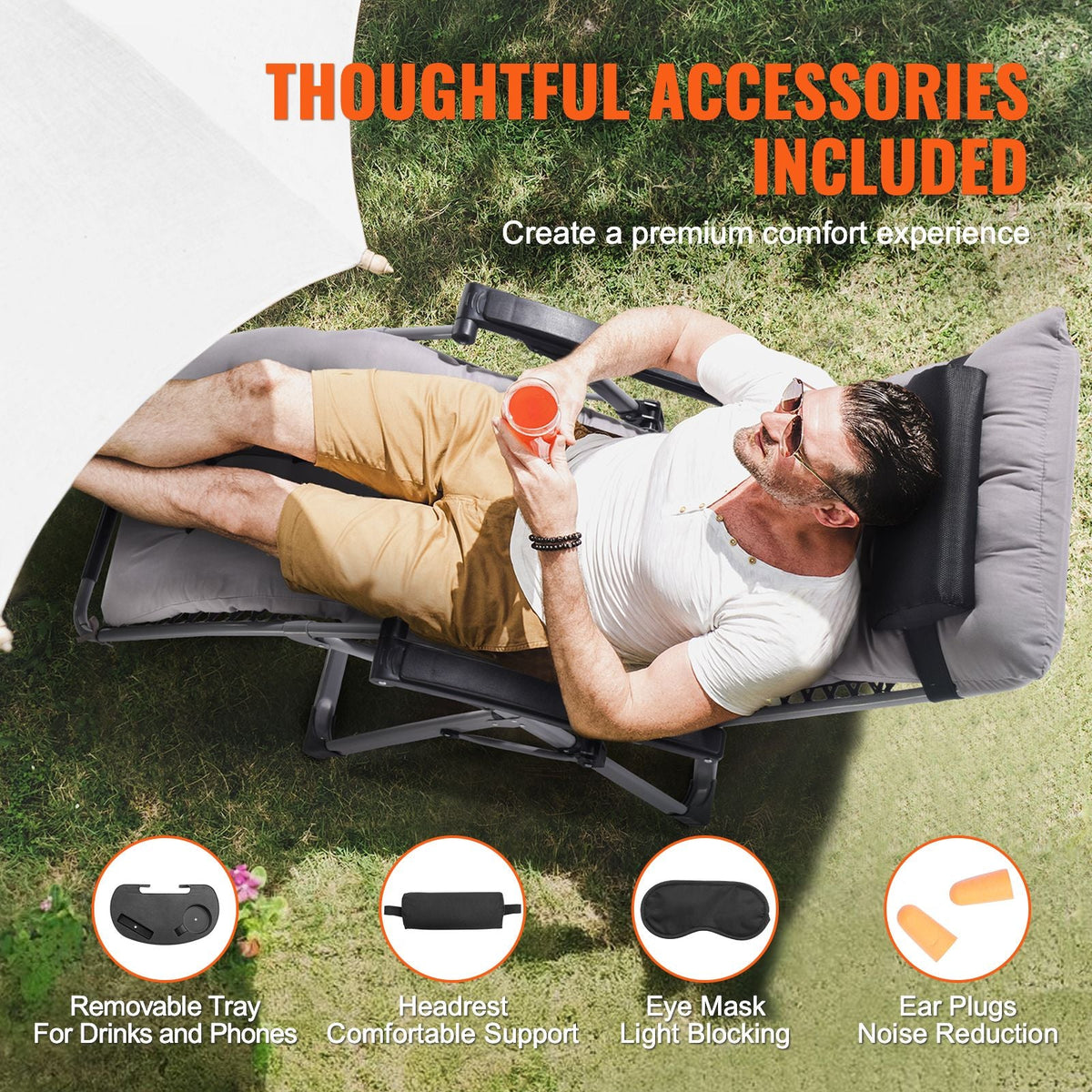Zero Gravity Chair, 26 inch Zero Gravity Recliner Lounge Chair for Indoor and Outdoor, Adjustable Anti Gravity Chair with Cushion, Headrest, Footrest, and Cupholder, 500 lbs, Gray