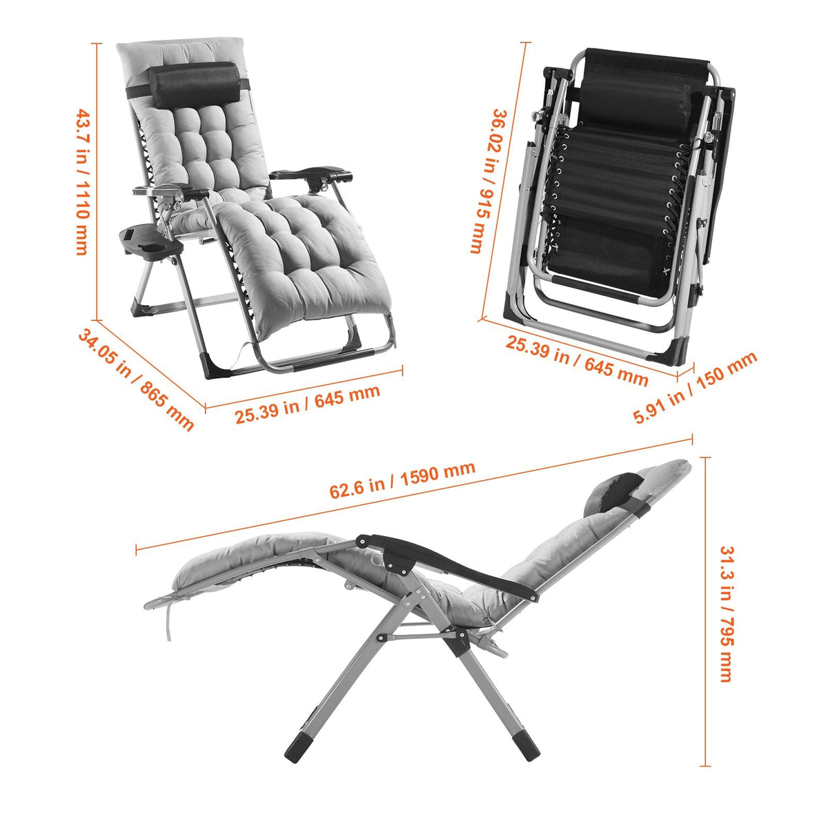Zero Gravity Chair, 26 inch Zero Gravity Recliner Lounge Chair for Indoor and Outdoor, Adjustable Anti Gravity Chair with Cushion, Headrest, Footrest, and Cupholder, 500 lbs, Gray