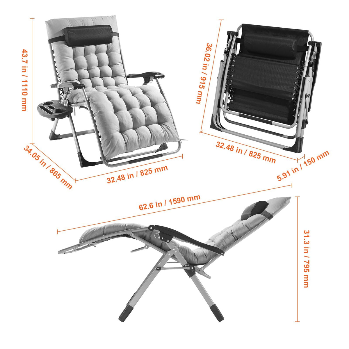Zero Gravity Chair, 33 inch Zero Gravity Recliner Lounge Chair for Indoor and Outdoor, Adjustable Anti Gravity Chair with Cushion, Headrest, Footrest, and Cupholder, 500 lbs, Gray