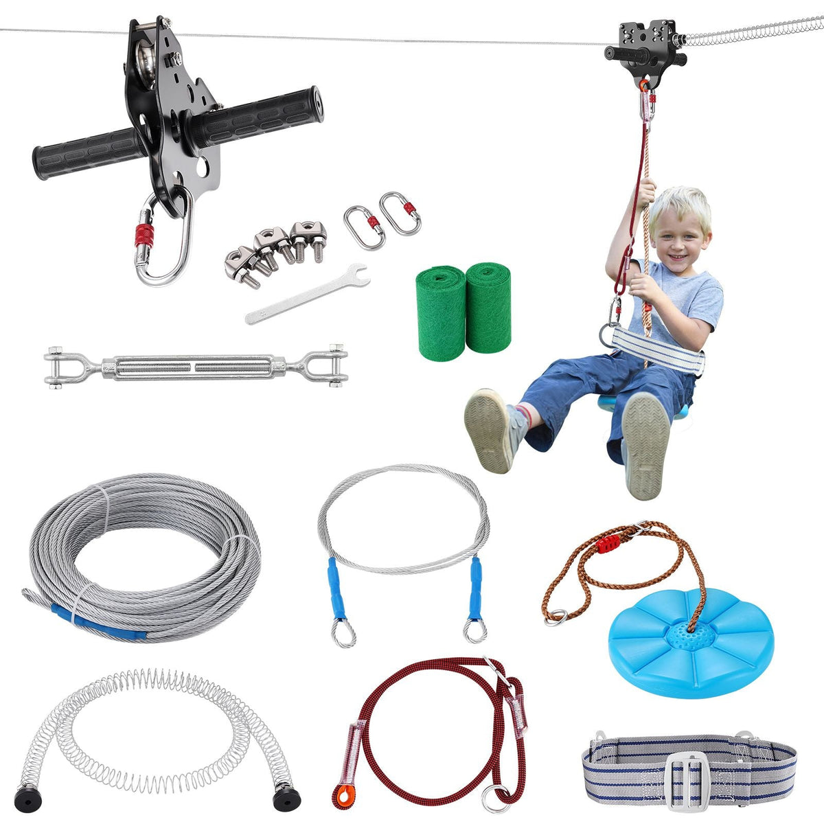 Zipline Kit for Kids and Adult, 100 ft Zip Line Kits Up to 500 lb, Backyard Outdoor Quick Setup Zipline, Playground Entertainment with Stainless Steel Zipline, Spring Brake, Safety Harness, Seat