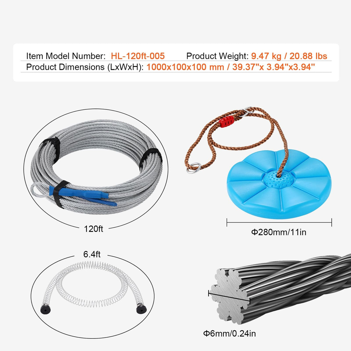 Zipline Kit for Kids and Adult, 120 ft Zip Line Kits Up to 500 lb, Backyard Outdoor Quick Setup Zipline, Playground Entertainment with Stainless Steel Zipline, Spring Brake, Safety Harness, Seat