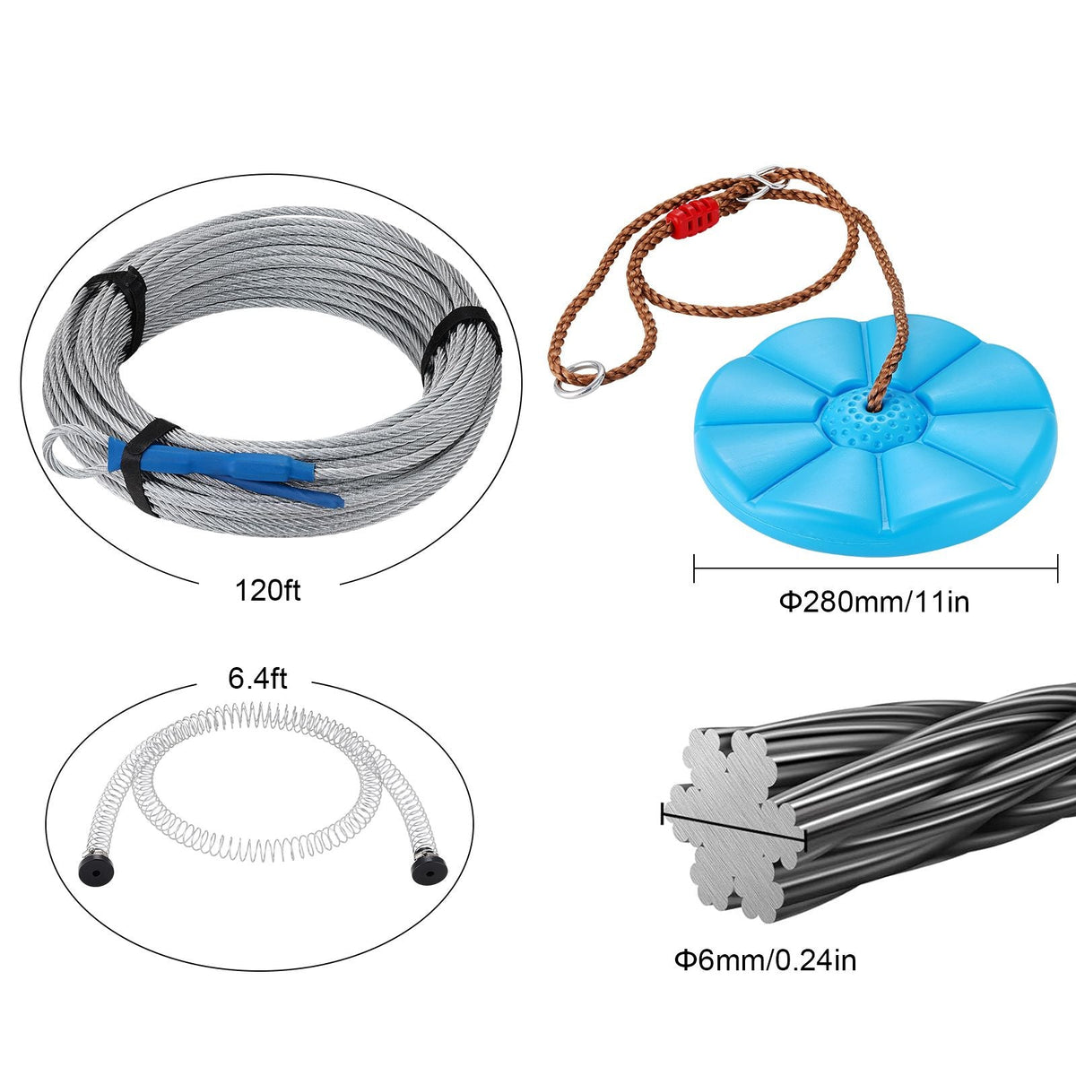 Zipline Kit for Kids and Adult, 120 ft Zip Line Kits Up to 500 lb, Backyard Outdoor Quick Setup Zipline, Playground Entertainment with Stainless Steel Zipline, Spring Brake, Safety Harness, Seat