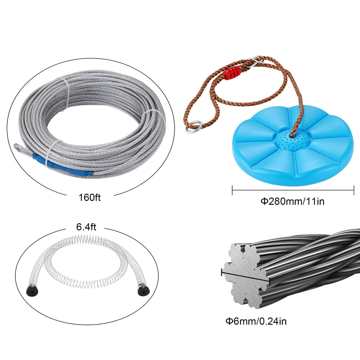 Zipline Kit for Kids and Adult, 160 ft Zip Line Kits Up to 330 lb, Backyard Outdoor Quick Setup Zipline, Playground Entertainment with Stainless Steel Zipline, Spring Brake, Safety Harness, Seat