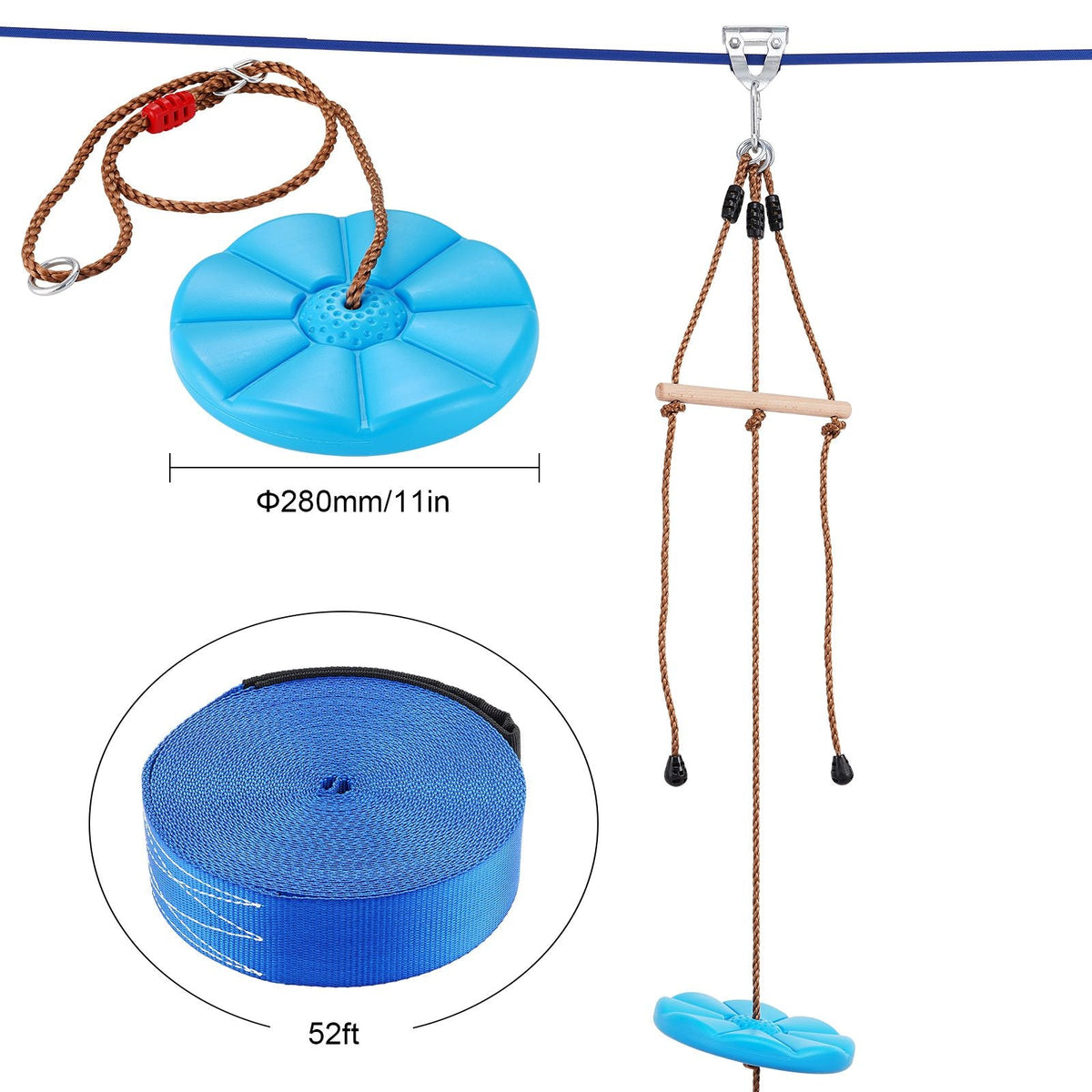 Zipline Kit for Kids and Adult, 52 ft Zip Line Kits Up to 500 lb, Backyard Outdoor Quick Setup Zipline, Playground Entertainment with Zipline, Nylon Safety Harness, Seat, and Handlebar