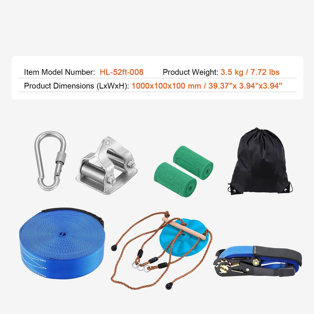 Zipline Kit for Kids and Adult, 52 ft Zip Line Kits Up to 500 lb, Backyard Outdoor Quick Setup Zipline, Playground Entertainment with Zipline, Nylon Safety Harness, Seat, and Handlebar