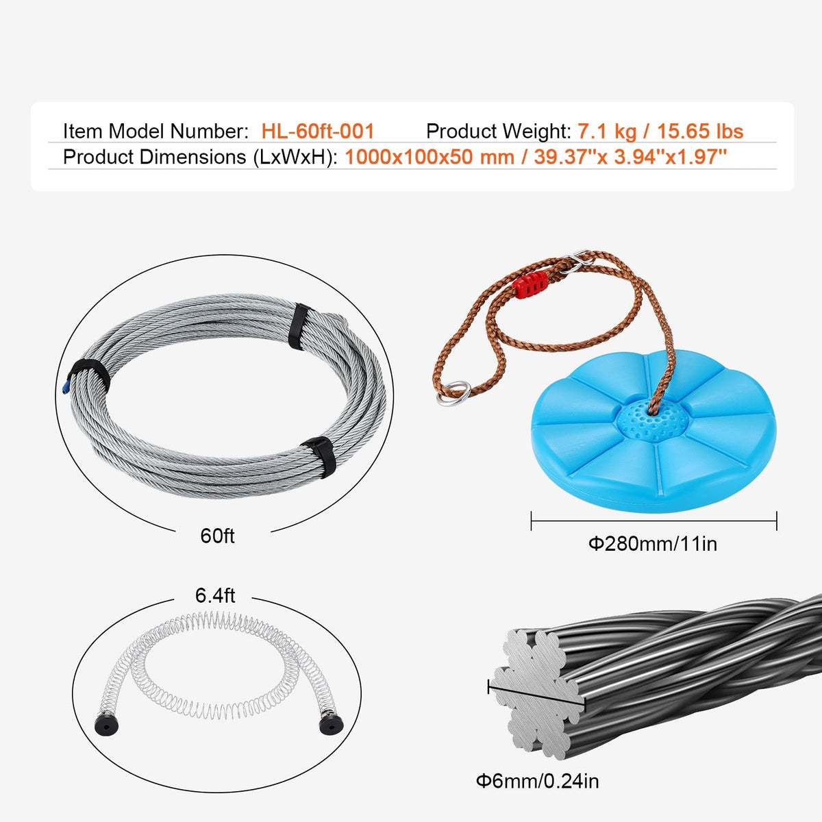 Zipline Kit for Kids and Adult, 60 ft Zip Line Kits Up to 500 lb, Backyard Outdoor Quick Setup Zipline, Playground Entertainment with Stainless Steel Zipline, Spring Brake, Safety Harness, Seat