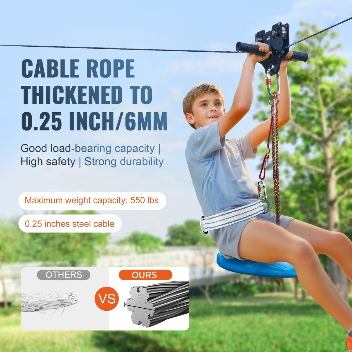 Zipline Kit for Kids and Adult, 60 ft Zip Line Kits Up to 500 lb, Backyard Outdoor Quick Setup Zipline, Playground Entertainment with Stainless Steel Zipline, Spring Brake, Safety Harness, Seat