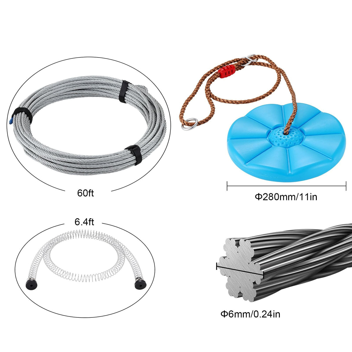 Zipline Kit for Kids and Adult, 60 ft Zip Line Kits Up to 500 lb, Backyard Outdoor Quick Setup Zipline, Playground Entertainment with Stainless Steel Zipline, Spring Brake, Safety Harness, Seat