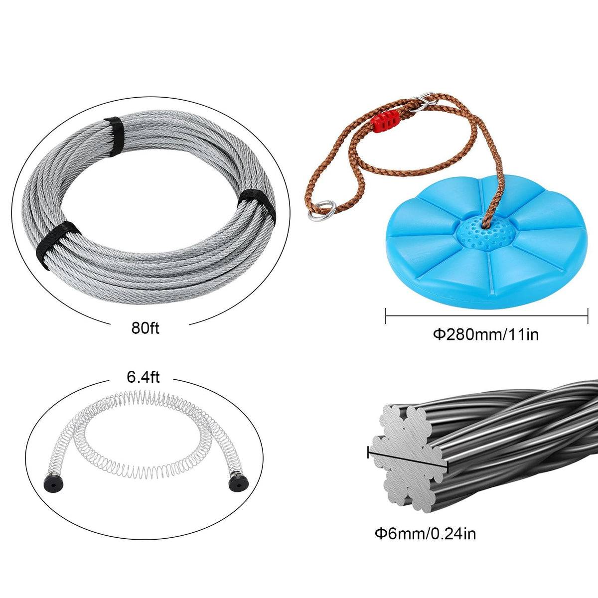 Zipline Kit for Kids and Adult, 80 ft Zip Line Kits Up to 500 lb, Backyard Outdoor Quick Setup Zipline, Playground Entertainment with Stainless Steel Zipline, Spring Brake, Safety Harness, Seat