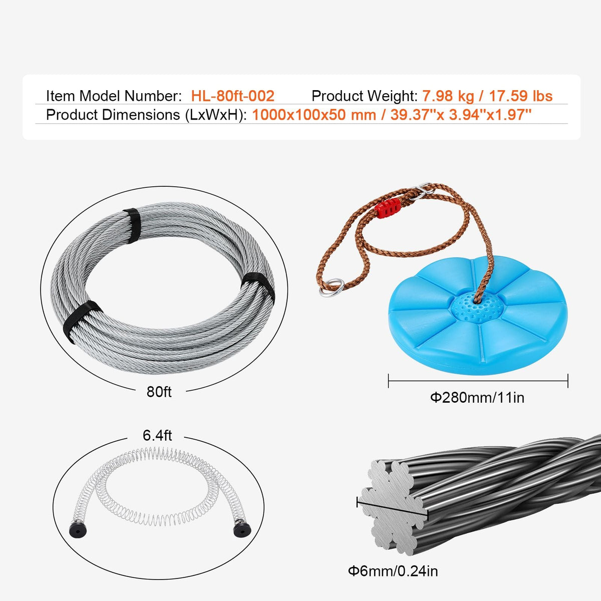 Zipline Kit for Kids and Adult, 80 ft Zip Line Kits Up to 500 lb, Backyard Outdoor Quick Setup Zipline, Playground Entertainment with Stainless Steel Zipline, Spring Brake, Safety Harness, Seat